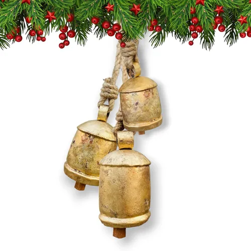 Vista 2 de Campanas de Navidad, campanas colgantes doradas para decoración de Navidad, campanas de vaca, decoración navideña para manto, juego de 3 campanas