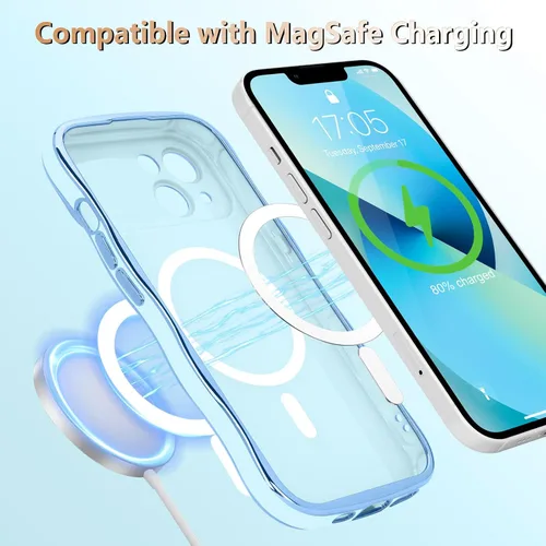 Vista 4 de LCHULLE - Funda magnética para iPhone 13 para mujeres y niñas, con forma ondulada, color azul bebé [Compatible with MagSafe] Cute Curly Wave, Love