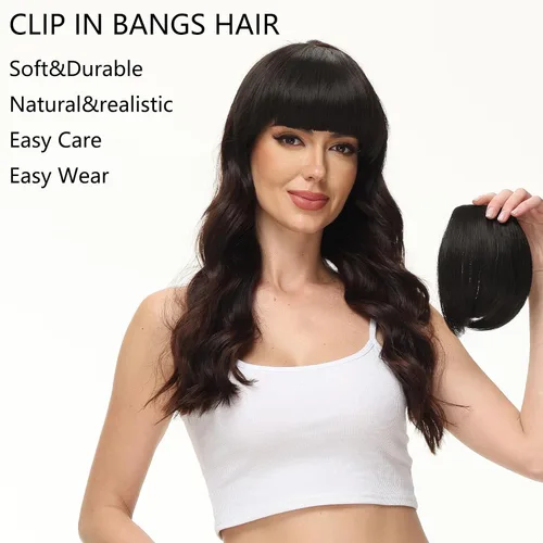 Vista 5 de Extensiones de cabello con clip, de cara frontal plana, flequillo, con sienes, piezas de pelo sintético para mujer