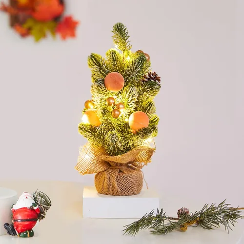 Vista 4 de Decoración de Árbol de Navidad Pequeño de Arpillera con Luces - Mini Árbol Artificial de Mesa Central para Decoraciones Navideñas de Interior Casa