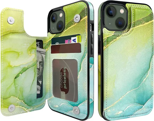 Vista 17 de Funda tipo cartera para iPhone 13 y 14 con soporte para tarjetas, funda trasera de piel sintética, con ranuras para tarjetas, doble cierre