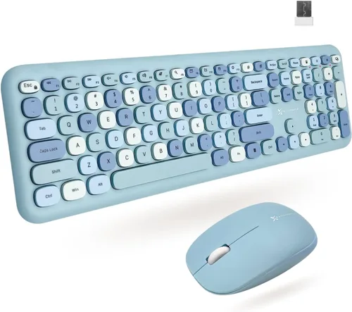 Vista 9 de X9 - Lindo teclado y mouse inalámbricos, teclado y mouse coloridos de 2.4 G con máquina de escribir multicolor retro, teclas para teclado de Negro