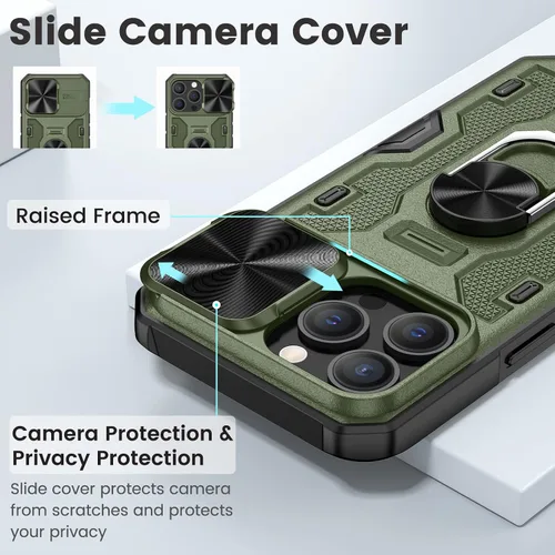 Vista 3 de Caka - Funda para iPhone 13 Pro con soporte y funda para cámara, color verde 360° Rotated Kickstand, Sliding Camera Lens Cover, Heavy Duty Hard