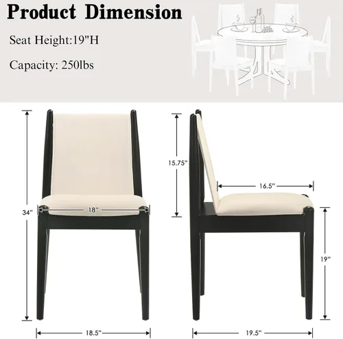 Vista 2 de DUOMAY Juego de 2 sillas de comedor modernas tapizadas de lino beige, sillas de madera sin brazos con cojín de asiento acolchado y marco resistente