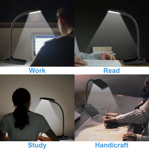 Vista 8 de Lámpara de escritorio LED de 3 brillos regulables para el cuidado de los ojos, lámpara de mesa negra, cuello de cisne flexible, luz de escritorio