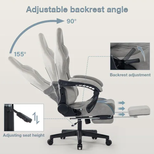 Vista 4 de Silla ergonómica para juegos con reposapiés, silla de oficina ajustable de capacidad de 330 libras con soporte lumbar y reposacabezas de tela