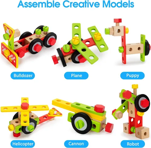 Vista 5 de Set de herramientas para niños con taladro eléctrico, set de 46 piezas de herramientas de madera para jugar para niños pequeños con caja