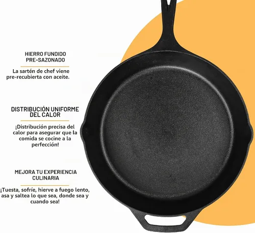 Vista 4 de Utopia Kitchen sartén de hierro fundido de 10.25 in Chef Pan, Even Heat Distribution, Stovetop, Oven, Campfire and Grill Safe, Large Skillet
