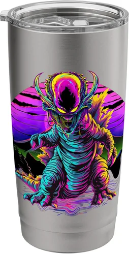 Vista 9 de Retro Funny streetwear Synthwave 80s 90s spacezilla alien Stainless Steel Insulated Tumbler