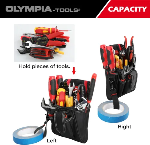 Vista 7 de Olympia Tools Bolsa de herramientas de 7 bolsillos con clip para cinturón, negro y rojo
