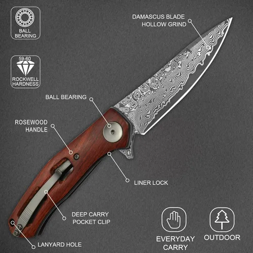 Vista 3 de Cuchillo de bolsillo plegable de Damasco AUBEY hecho a mano con clip para hombres, cuchillo de caza de Damasco EDC con bloqueo de vástago para Mango