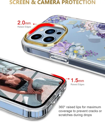 Vista 2 de Funda transparente compatible con iPhone 12 Pro iPhone 12 con purpurina y diseño de flores protectoras, a prueba de golpes, delgada, de poliuretano