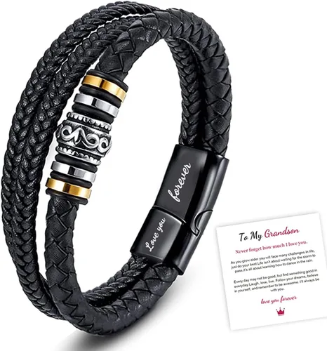 Vista 24 de Pulsera de cuero trenzado con texto en inglés «Love You Forever» para hombres y niños, pulsera inspiradora de acero inoxidable, pulsera de cuero