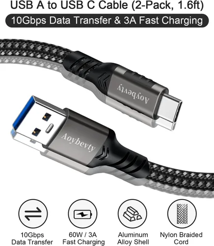 Vista 2 de Cable USB A a USB C (paquete de 2 unidades, 0,5 m), USB 3.1/3.2, transferencia de datos de 10 Gbps y cable de carga rápida de 60 W 3 A para SSD