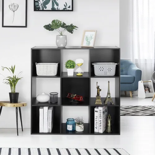 Vista 5 de Organizador de estantes de almacenamiento de 9 cubos, unidad de organización de estantería de madera, estantes de cubo para el hogar, oficina, Negro
