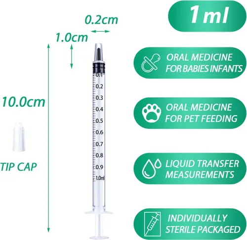 Vista 2 de Jeringa de 1 ml para líquido, oral, laboratorios científicos, medición, dispensación, con tapa - Paquete de 3 jeringas de 1 ml