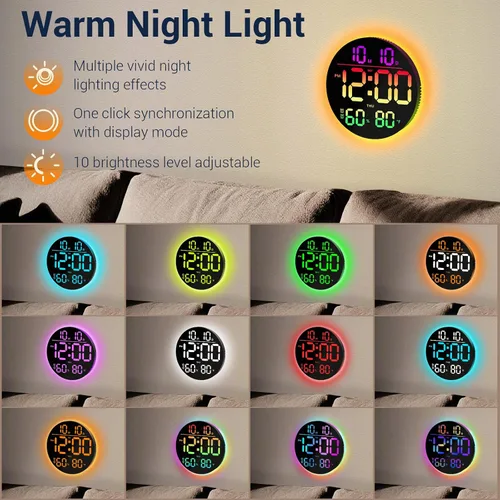 Vista 2 de Reloj de pared digital grande de 10 pulgadas: 13 RGB que cambia de color LED moderno reloj con control remoto, pantalla grande con atenuación