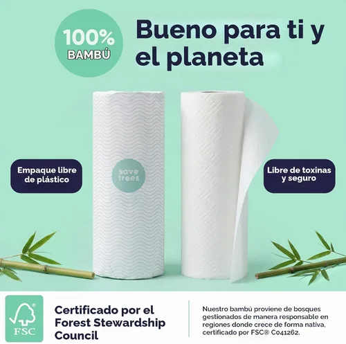 Vista 4 de Save Trees Paquete de 6 toallas de papel de bambú, 750 hojas, ultra absorbentes y duraderas, ecológicas, con certificación FSC, totalmente libres