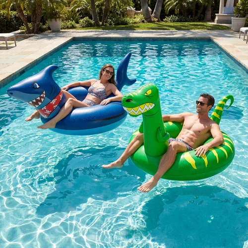 Vista 2 de 2 flotadores inflables de piscina para adultos: tubos de tiburón de dinosaurio de verano, flotadores de natación, anillos de decoración de fiesta
