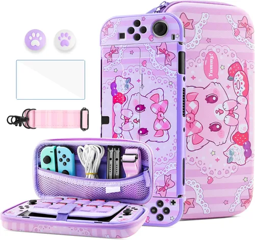 Vista 13 de HYPERCASE 8 in 1 Cute Anime Switch OLED Accessories Bundle, with Pink Switch OLED Carrying Travel Case, Hard PC Protective Cover Skin, HD Screen