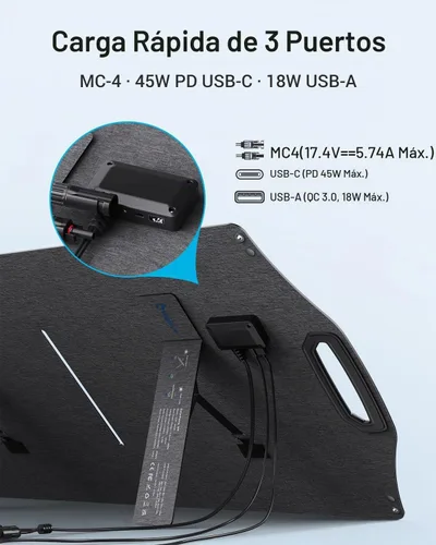 Vista 3 de BigBlue Panel Solar de 100W con USB-C (45W PD) + USB-A (Carga Rápida 18W) y Puertos MC-4, Resistente al Agua IP68, Accesorios Esenciales