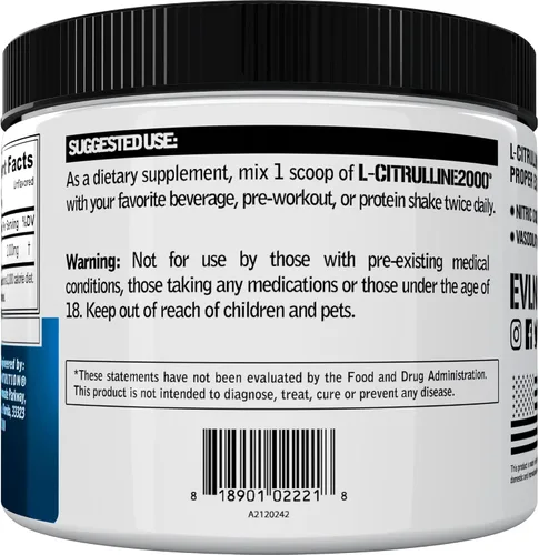 Vista 4 de L-Citrulline2000 Polvo de óxido nítrico para antes del entrenamiento, Evlution Nutrition High Strength L Citrulina Powder para mayor fuerza muscular