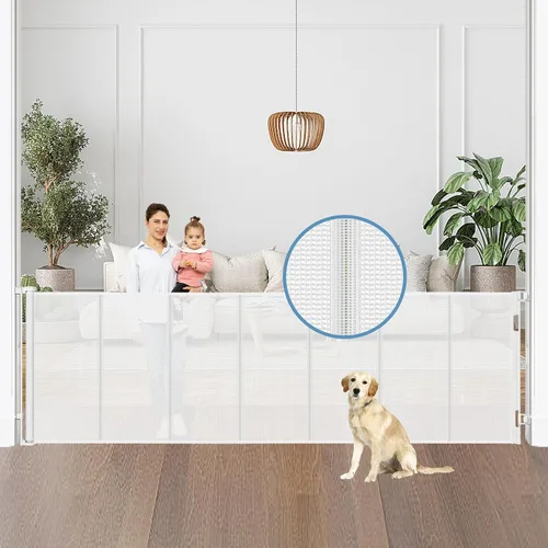 Vista 12 de Puertas retráctiles reforzadas para bebés con varillas de soporte, se extienden hasta 55" de ancho, puerta retráctil para perros para entradas