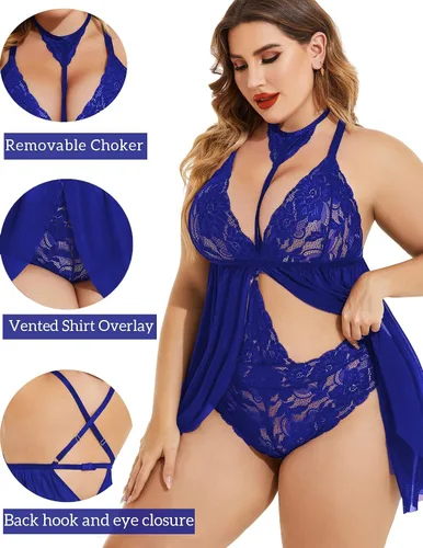 Vista 2 de Avidlove Lencería de talla grande para mujer, babydoll de encaje, gargantilla de malla, ropa de dormir, L-5XL