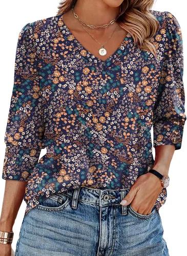 Vista 19 de XIEERDUO - Blusas de manga 3/4 para mujer, cuello en V, con botones, estilo A-blanco