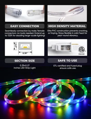 Vista 4 de GZBtech Tira de luces LED RGB+IC+CCT 5.00 m/16.4 pies, luz festiva persiguiendo colores para exteriores con blanco cálido y frío, impermeable IP65