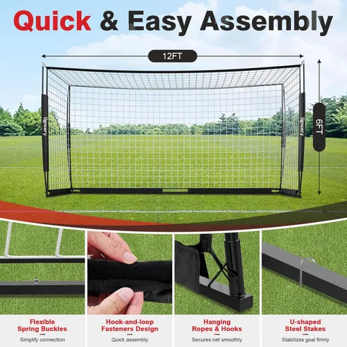Vista 2 de Portería de fútbol portátil, red desmontable de 12 x 6 pies para patio trasero, equipo de entrenamiento de configuración rápida con 1 bolsa