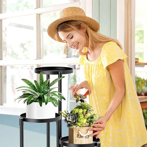 Vista 7 de Soporte esquinero de metal de 3 niveles para interiores y exteriores, soporte para múltiples macetas de 30 pulgadas de alto, organizador de plantas