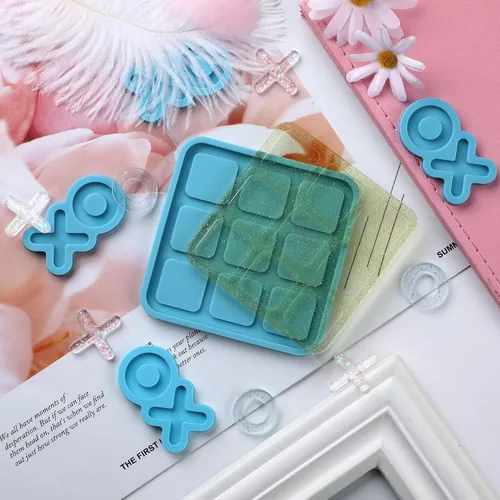 Vista 5 de Molde de resina Tic Tac Toe con 5 moldes de piezas de ajedrez, moldes de silicona DECYOOL X O para fundición de resina, juego de mesa de bricolaje