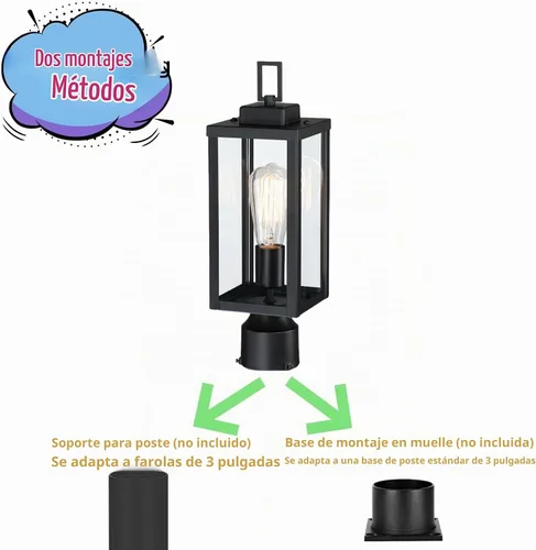 Vista 4 de WISBEAM Luz de poste para exteriores, linterna de poste, base E26 de 60 W máximo, carcasa de metal más vidrio, calificación ETL, bombillas