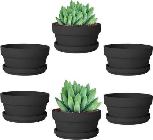 Vista 18 de vensovo - Macetas de terracota negras poco profundas de 3.7 pulgadas para suculentas - Juego de 6 macetas de terracota de arcilla con platillo Negro