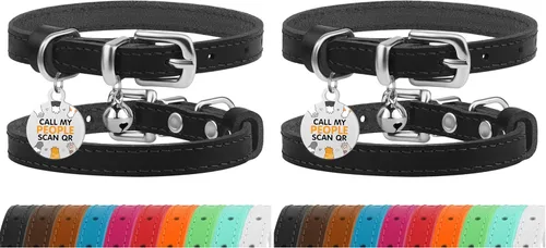 Vista 15 de BRONZEDOG Collar de cuero para gato con campanas extraíbles sin liberación rápida, etiqueta QR para gatito para niña y niño