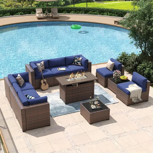 Vista 23 de Aoxun - Juego de 7 piezas de muebles de patio de mimbre de ratán, conjunto de sofá modular para conversación de patio con mesa de café y cojines