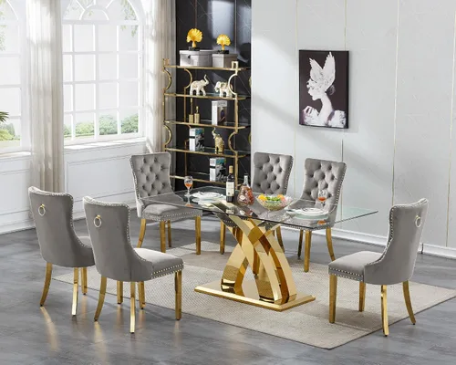 Vista 43 de Juego de mesa de comedor de cristal plateado moderno de 70 pulgadas para 4, juego de mesa de comedor rectangular de 5 piezas con patas de acero