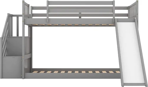 Vista 6 de SOFTSEA Twin Over Twin Low Bunk Bed with Slide and Stairs, Kids Floor Bunk Beds with Storage, Gray Grey
