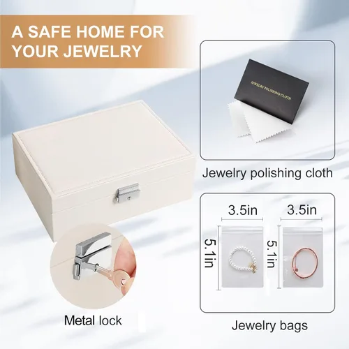 Vista 4 de Joyero organizador para mujeres y niñas, 2 capas de cuero, estuche de almacenamiento de joyas de viaje con cerradura y bandeja extraíble