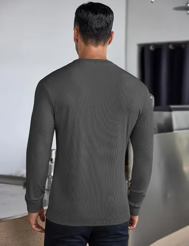 Vista 39 de COOFANDY Camisas Henley de manga larga para hombre, camisetas elásticas acanaladas, camisetas básicas casuales de moda