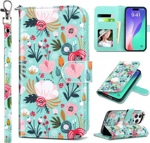 Vista 11 de ULAK Funda tipo cartera compatible con iPhone 15 Pro con tarjetero y diseño de flores, para mujeres y niñas, piel sintética, con función atril