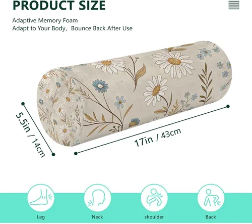 Vista 3 de Blue and White Flowers Cervical Roll Pillow, 17" Neck Support Bolster Pillow, Round Pillow for Sleeping Support and Pain Relief, with Removable