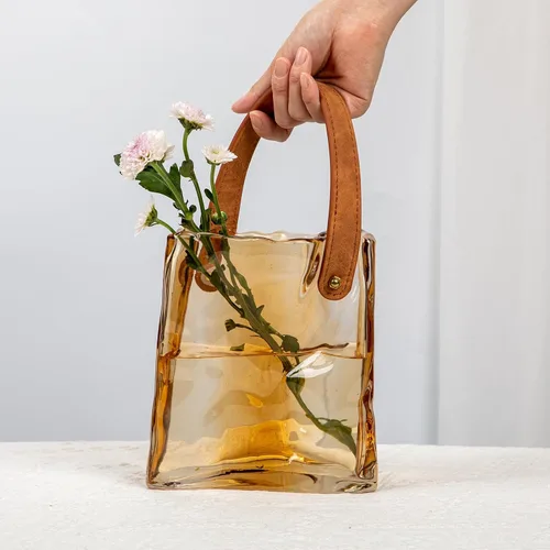 Vista 5 de Florero de bolso de cristal para flores, floreros de ámbar para centros de mesa, florero de bolsa de cristal con asa de cuero, floreros pequeños