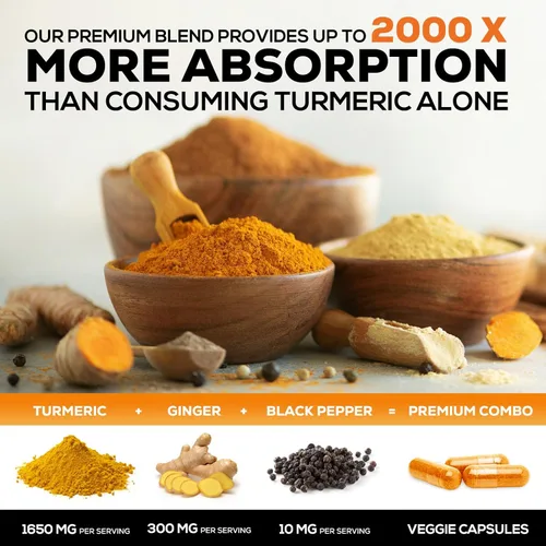 Vista 5 de Cúrcuma Curcumina con BioPerine & Jengibre 95% Curcuminoides 1950mg – Pimienta Negra para Absorción, Hecho en Estados Unidos, apoyo inmunológico