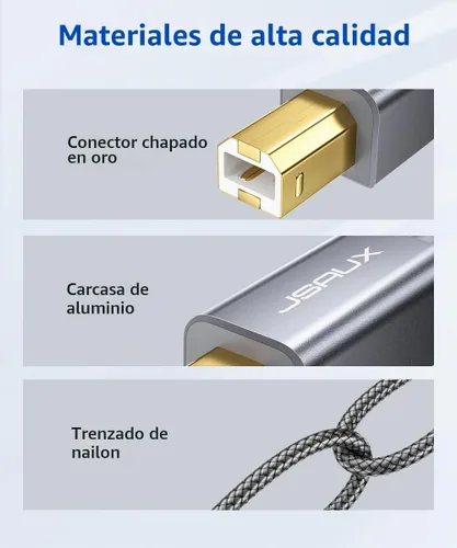 Vista 4 de JSAUX - Cable de impresora, cable de escáner USB tipo A macho a tipo B macho, USB 2.0, de alta velocidad, compatible con HP, Canon, Dell, Epson, Gris