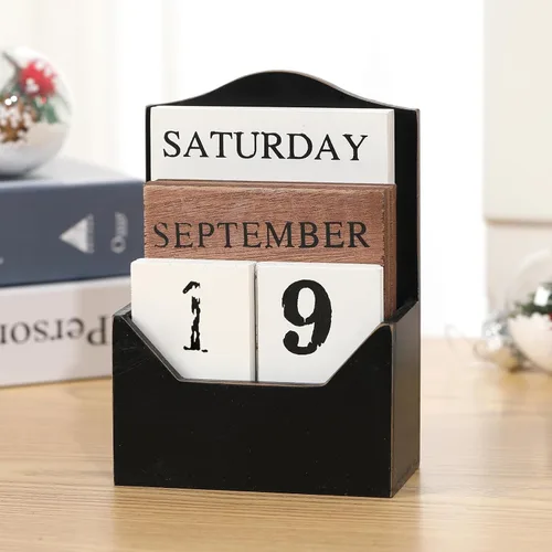Vista 6 de Calendario perpetuo con bloques de madera, calendario para el hogar, día de San Valentín, regalo, decoración de oficina, escritorio, fecha, semana
