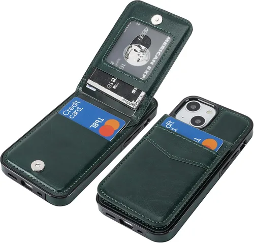 Vista 10 de KIHUWEY Funda compatible con iPhone 13 Mini con soporte para tarjeta de crédito, cierre magnético de cuero de alta calidad, resistente funda Negro