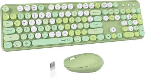 Vista 7 de UBOTIE Teclado inalámbrico colorido para computadora y mouse óptico, teclas flexibles, teclado de tamaño completo de oficina, conexión sin