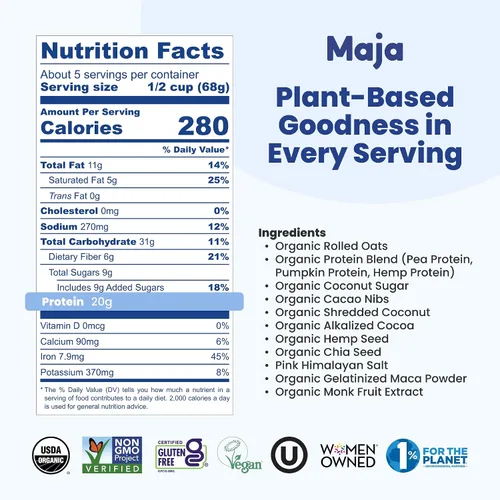 Vista 2 de Maja Avena orgánica durante la noche, avena con proteína de cacao y coco, 4 bolsas de una sola porción, avena vegana y sin gluten, deliciosa avena